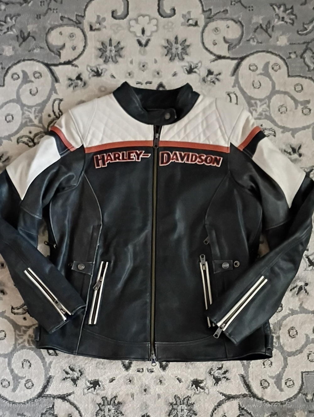 Harley Davidson Leather Jacket Womens Two-Tone Black and Cream Motorcycle Jacket